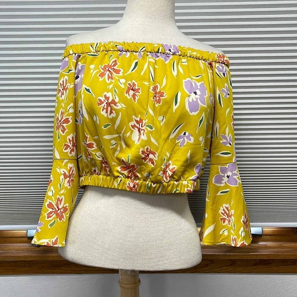 BCBGeneration Yellow Floral 3/4 Bell Sleeve Off The Shoulder Crop Top